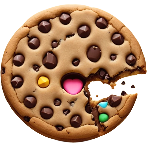chocolate chip cookie with a bite taken out, crumbs around the edge, colorful minimal emoji style emoji