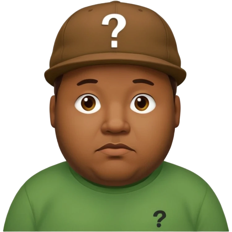 fat man with brown cap and green t shirt printeed a question mark emoji