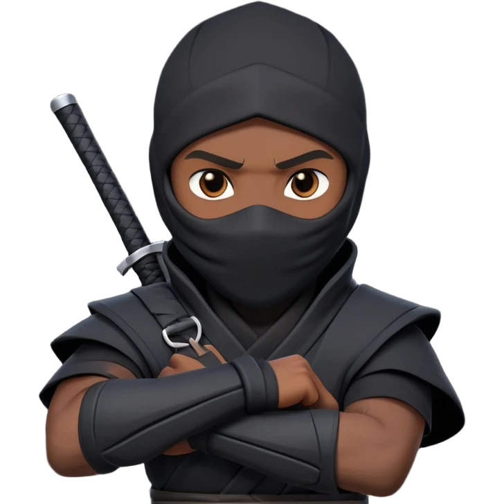 clash-of-clans-aesthetic_-cinematic-mysterious-male-ninja-portrait-emoji, rendered in a flat, vector-style with minimal shading and bold, simplified shapes, his arm is stretched out  with a head slightly turned revealing intense, focused eyes. the ninja has his arm out and perched on top of his forearm is  a black crow emoji