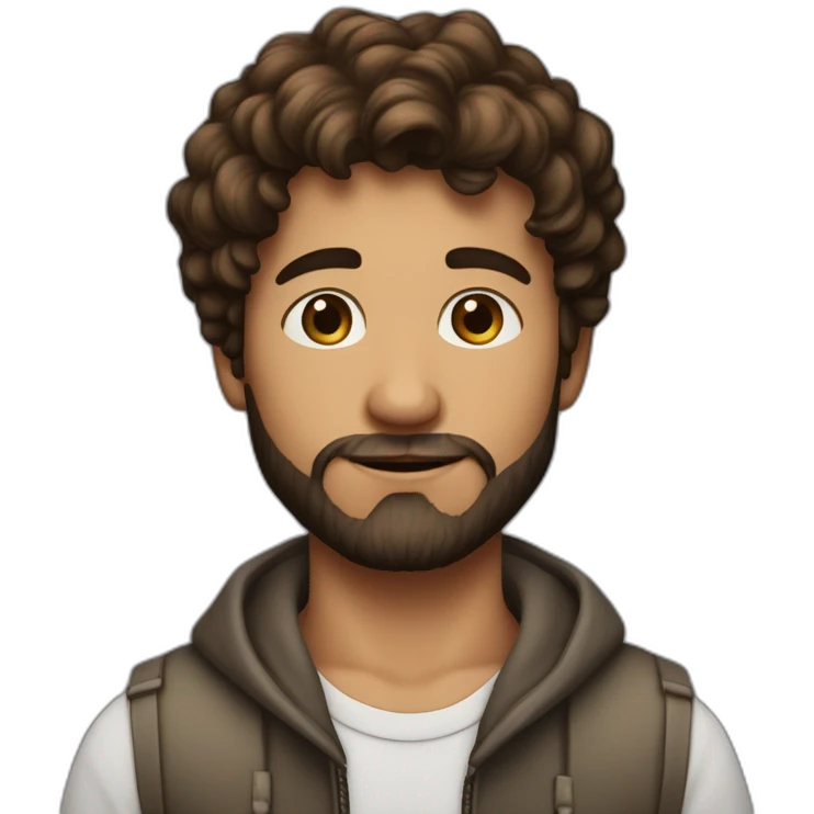 Un jeune homme blancavec une barbe légèrement fournie, des cheveux très courts bruns et un regard confiant emoji