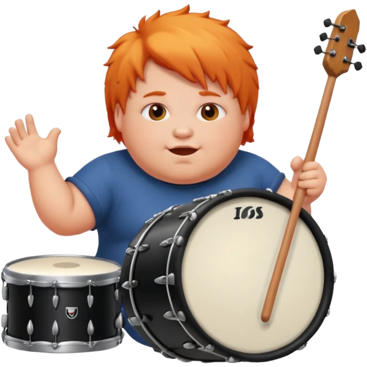 A chubby orange hair fan pounding a bass drum, cheeks puffing with energy. emoji