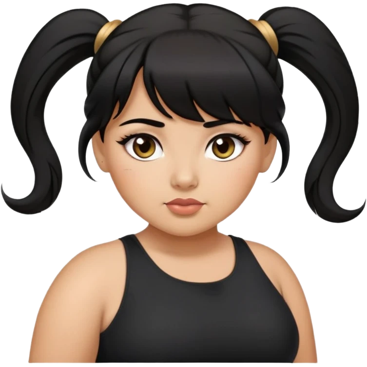 Latina girl with bangs black long hair in pony tail plus size black dress eye roll emoji