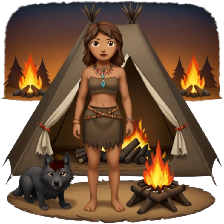 a NEANDERTHAL WOMAN WITH BROWN HAIR STANDING BY A FIRE AND TENT WITH BLACK WOLF emoji