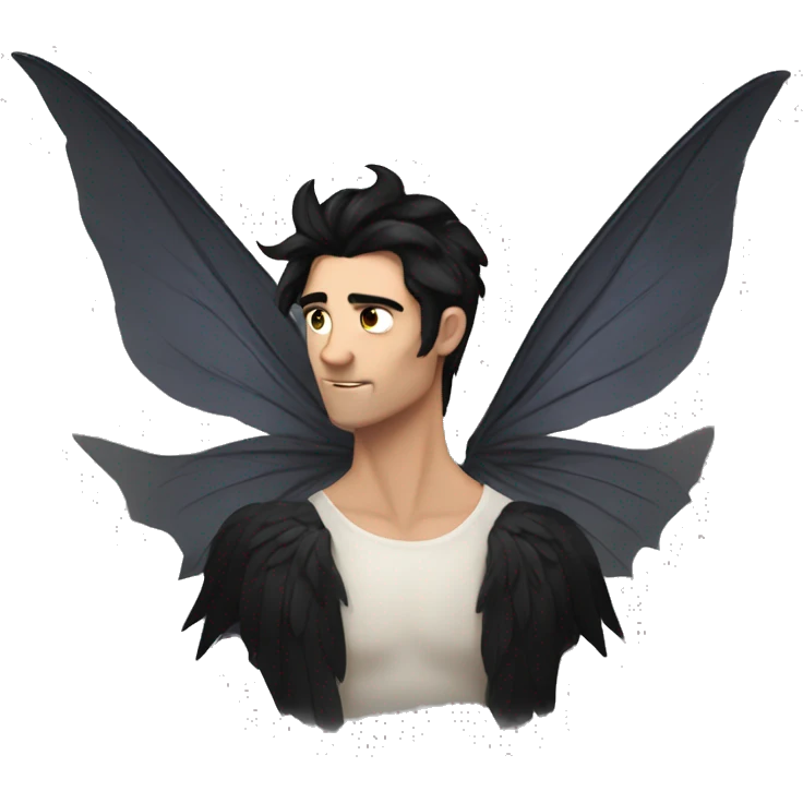 A male fae with black hair with large black wings emoji