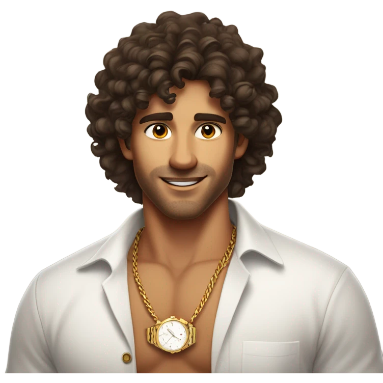 A waist up shot of a handsome tan man with dark brown curly hair wearing a white shirt and a gold watch emoji