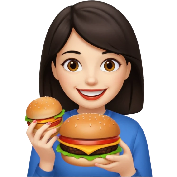 a girl with dark hair eating a burger, apple memoji style, smiling emoji