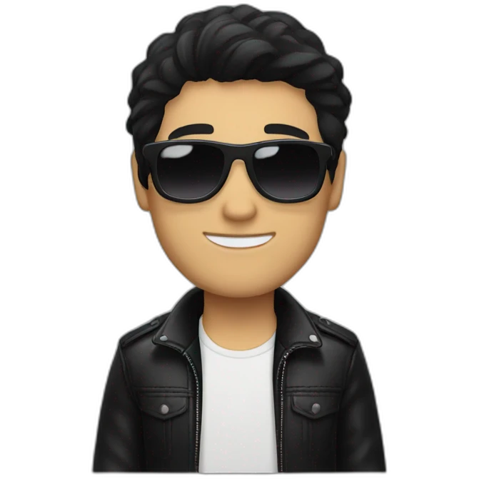 black hair white guy wearing black jacket and black sunglasses emoji