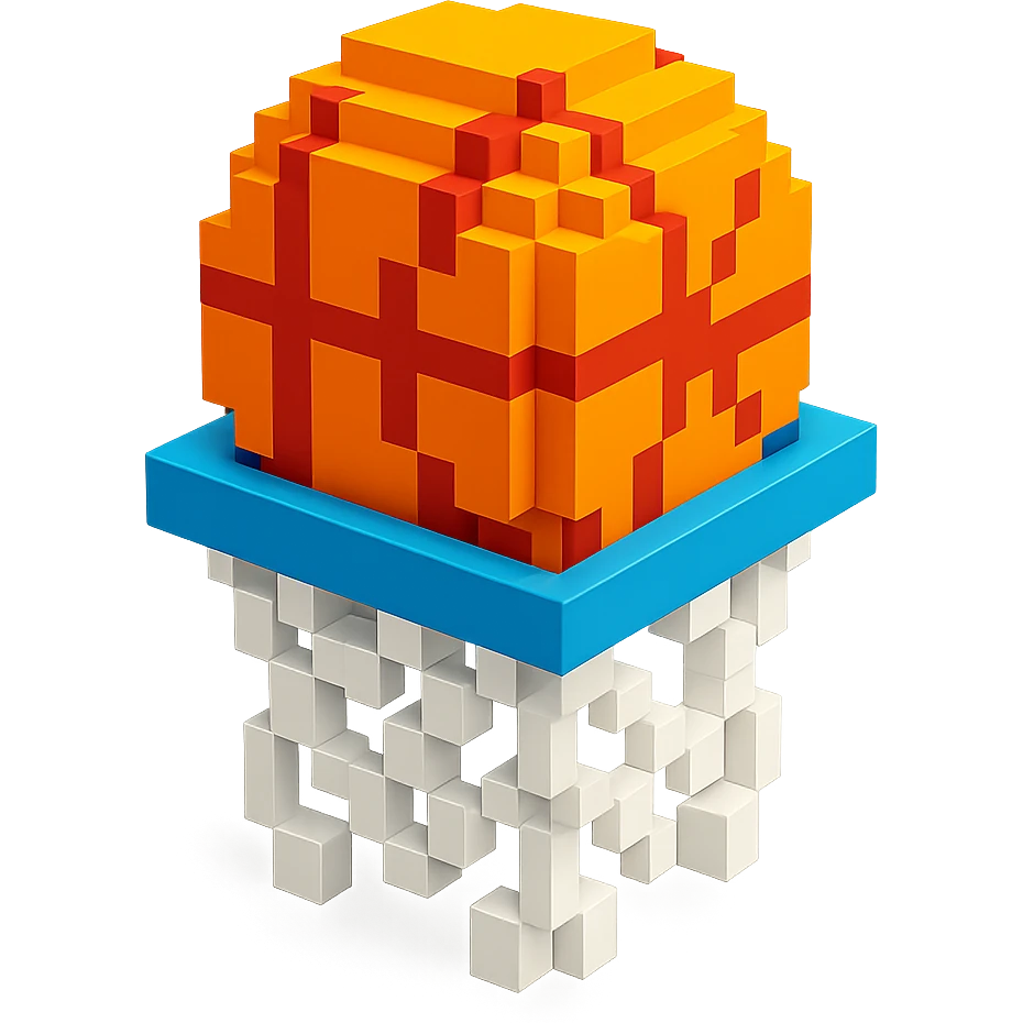 A voxel-style basketball in a net, variation 3 emoji