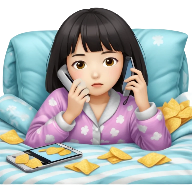 Cute East Asian girl, soft fair skin, straight bangs, messy inward bob. Wearing fluffy pajamas, lying on couch under blanket, holding chips and phone, expression blank and tired. emoji