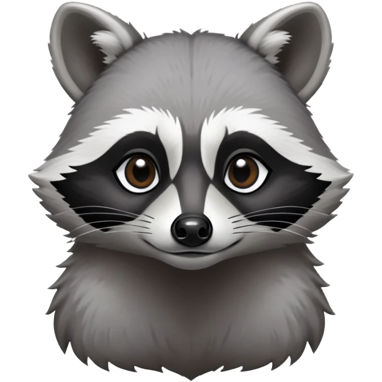 Cinematic-Noble-Raccoon-Portrait-Emoji – Poised and confident, with a sturdy build and a beautifully textured fur of silver-grey accented by dark black facial markings, deep-set, large big black eyes revealing no white, simplified yet sharp and sophisticated zoom out to show shoulders emoji