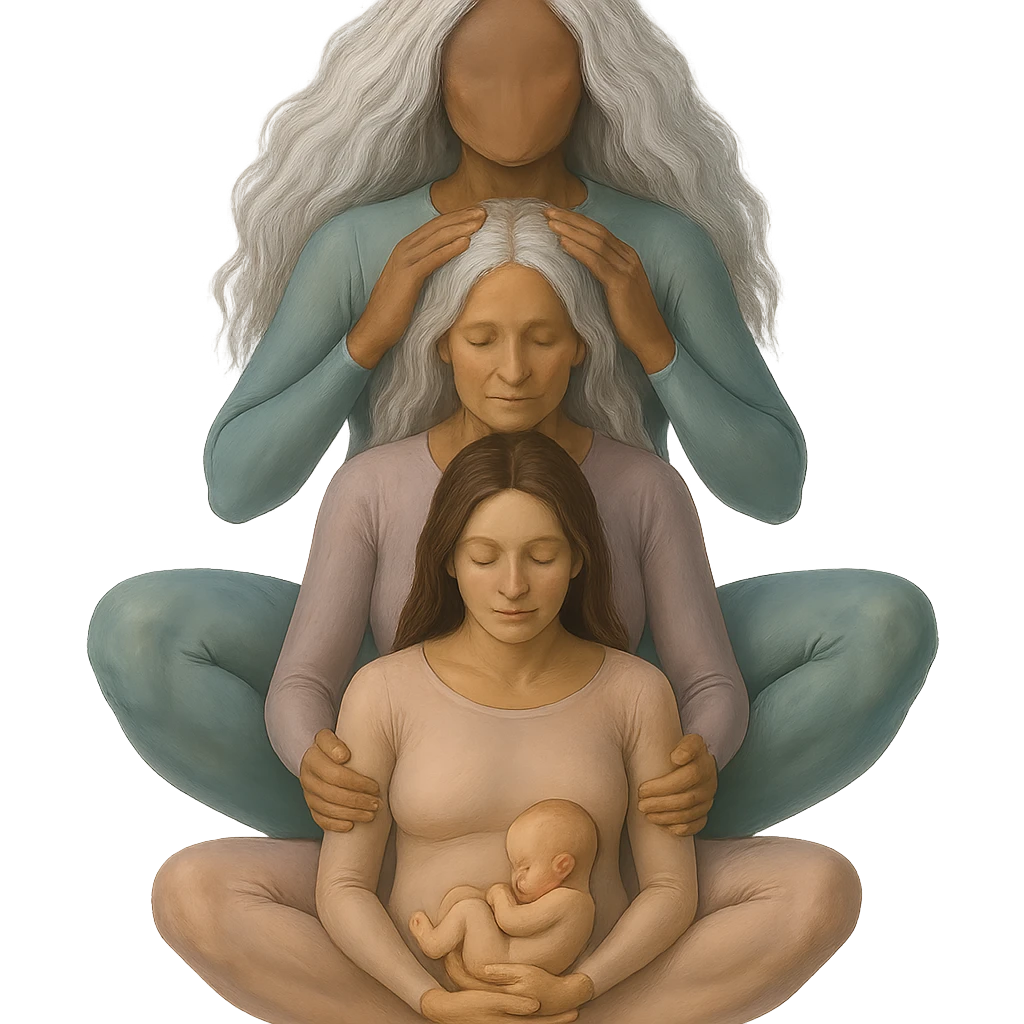 Variant: Several generations of women sitting one behind another as in the reference image, all wearing flesh-colored bodysuits. Realistic stylization with volumetric drawing, deep shadows and bright highlights, pastel palette including #98B5BC, #B5B3C1, #C9A3C9, #E4C0CA, #F7DCD1, #F7C0AA. Transparent background, no decoration. Composition and poses as in the reference. emoji