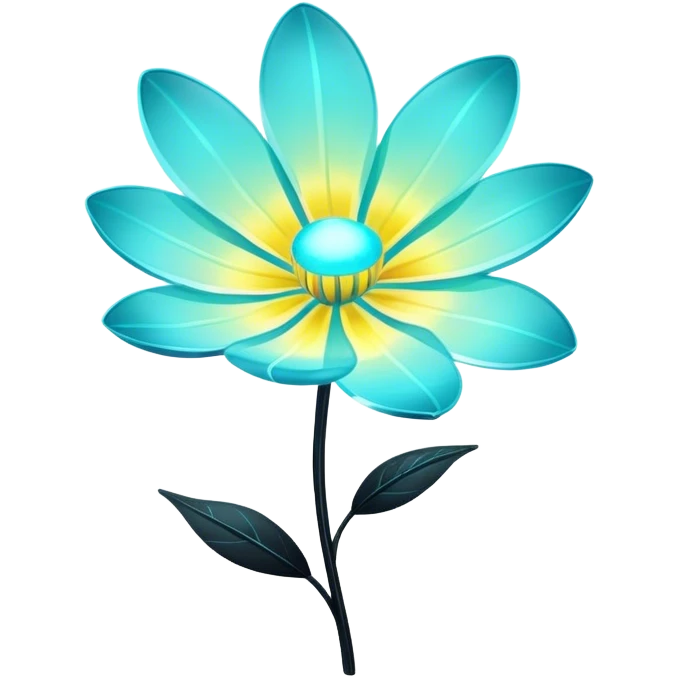 Pastel black and cyan iridescent transparent bio-luminescent flower with yellow stripes emoji