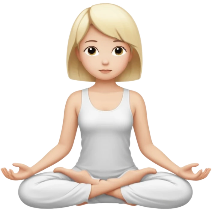 a blonde girl with a short haircut in a white dress sitting in a lotus position and meditating emoji