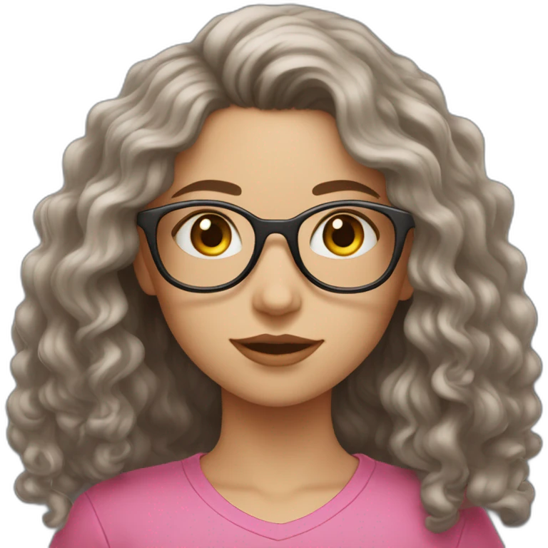 white girl with long dark curly hair and glasses in pink shirt emoji