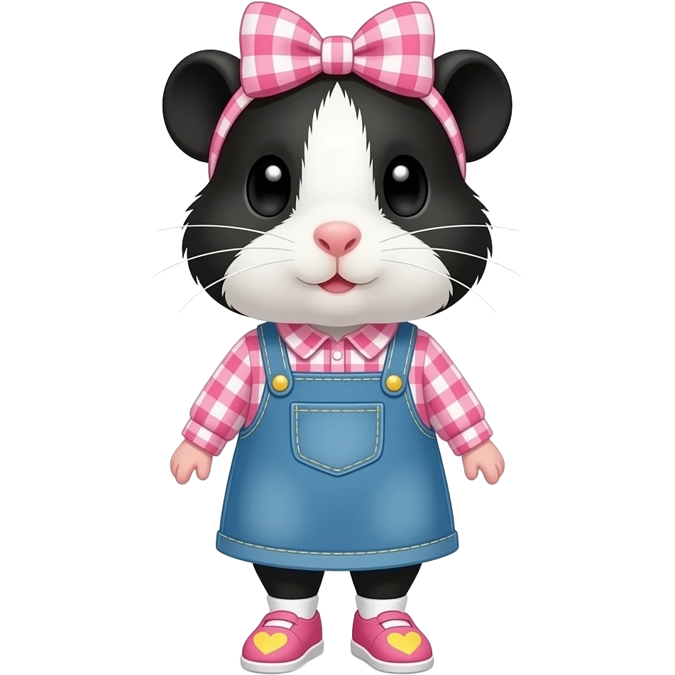 black and white guinea pig in long sleeve pink gingham shirt with a jean dress, pink shoes with yellow hearts and a pink gingham bow in hair emoji