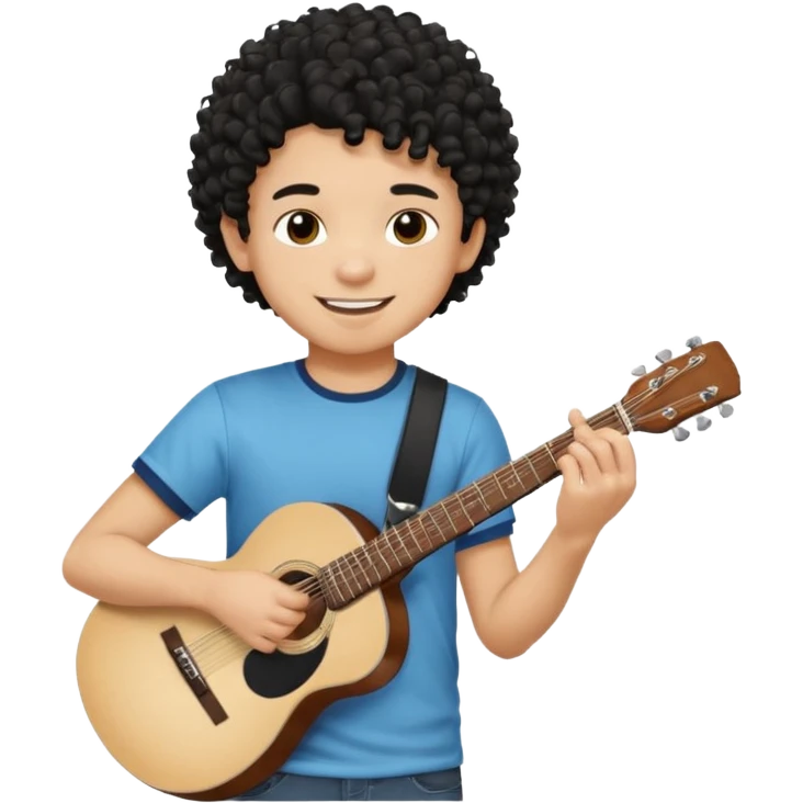 A boy with black fade curly hair Smiling and holdijg a guitar  emoji