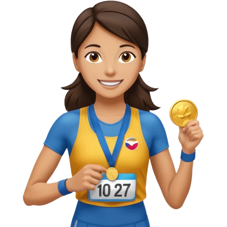 Beautiful brunette woman marathon runner receiving medal  emoji