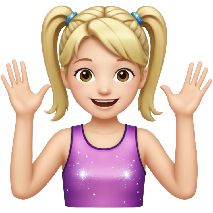 A girl with pigtails and a sparkly top, cheering with both hands raised and a huge smile. emoji