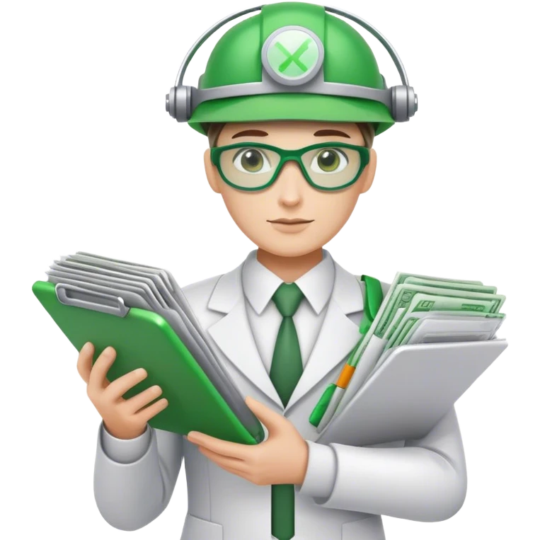 cyborg bookkeeper with green accountant visor holding spreadsheets emoji