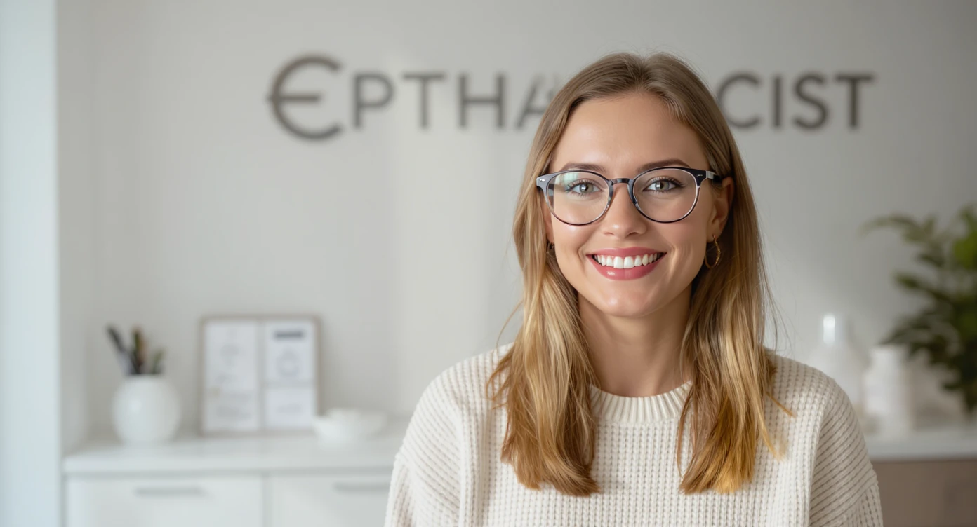 Cinematic still of a smiling european white woman with glasses smiling, minimalistic ophthalmologist interior in background, leading  lines, "rule of thirds" emoji