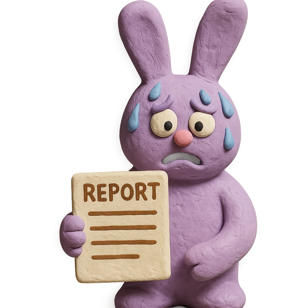 lavender bunny sweating and holding a report, claymation style emoji
