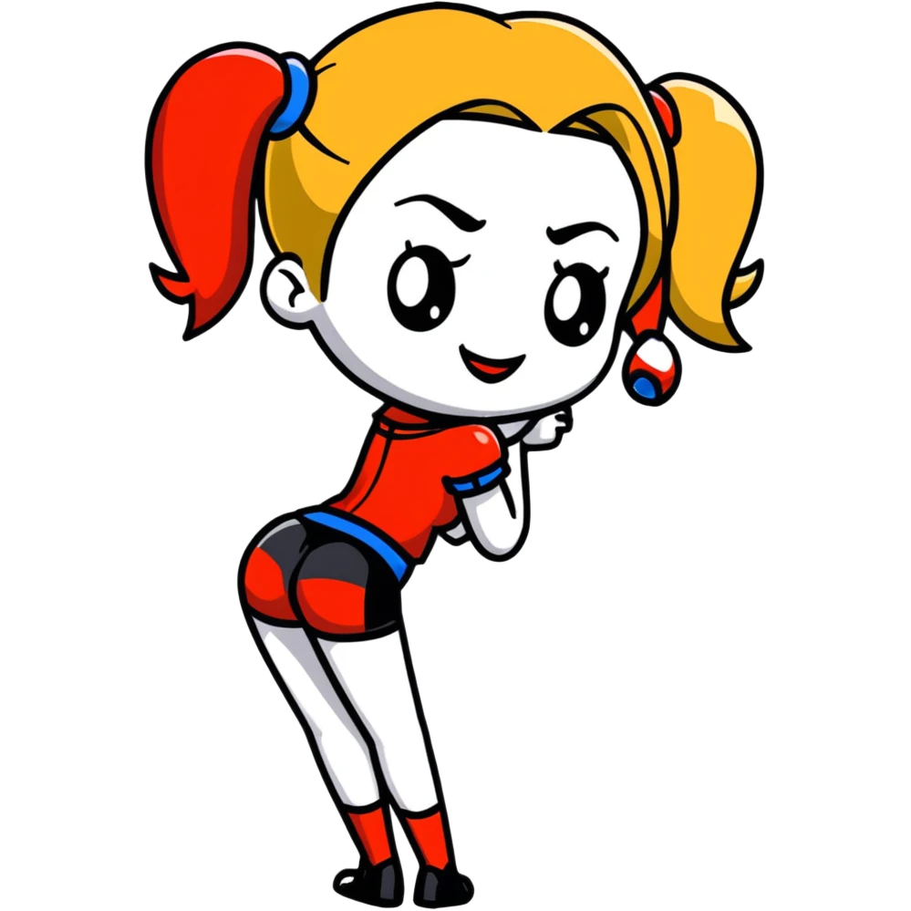Harley Quinn without shorts and pigtails, standing with her back to us, leaning forward, looking over her shoulder. Like a teasing sticker in telegram style emoji