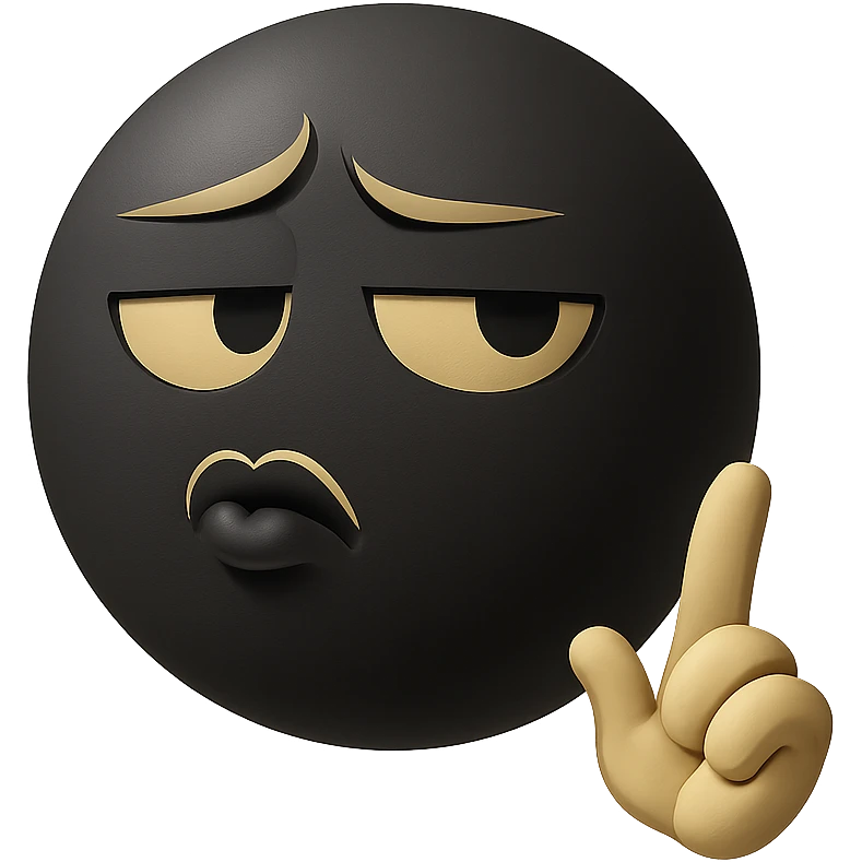 Recreate a glossy black ball face emoji with a skeptical, pursed-lip expression, raised eyebrow, and a white-gloved hand raised with one finger pointing up, in a 3D black style, matching the original as closely as possible. emoji