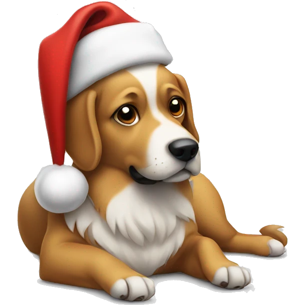 a dog wearing a santa hat laying on a floor  emoji