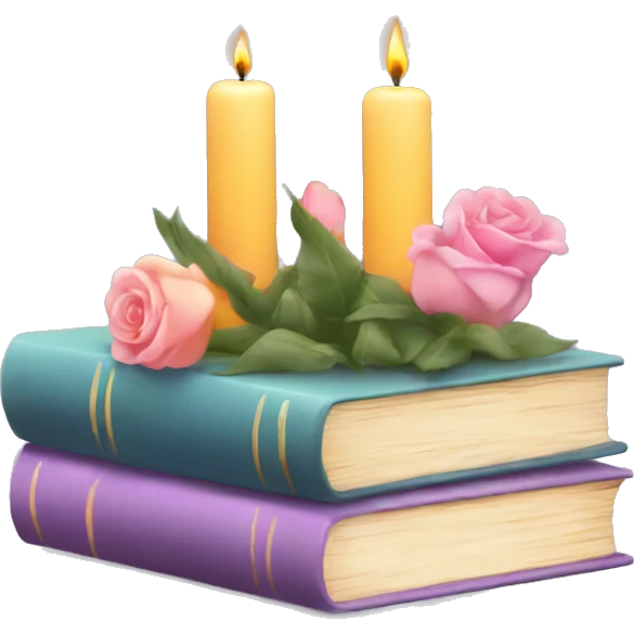 Vertical stack of books with candles and flowers surrounding make the colors pastel emoji