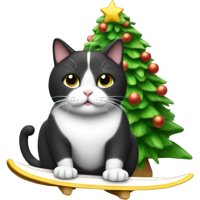 Fat Tuxedo Cat surfing a Christmas tree emoji