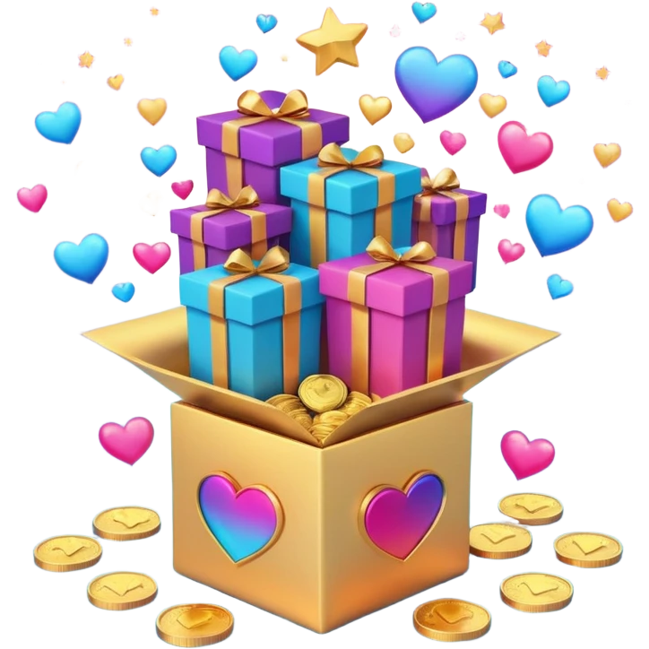 3D open gift box with Instagram logo, gold coins, hearts, stars, documents floating out, smiling human faces around, vibrant pink blue purple gradient, glossy modern style, premium marketing banner emoji