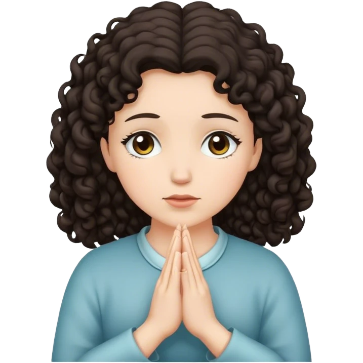 White woman with dark curly hair praying emoji