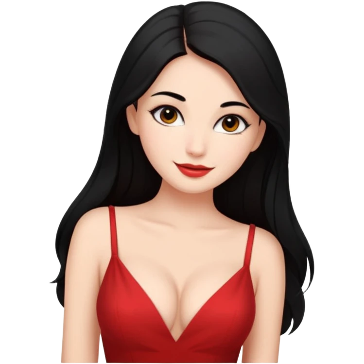 Chica súper joven y delgada pero con pechos grandes y  con delineado con vestido rojo escotado en la espalda y pelo largo negro, con sonrisa coqueta emoji