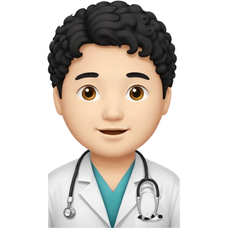 a young asian chubby male doctor with black long curly hair and cheerful face without gpasses emoji