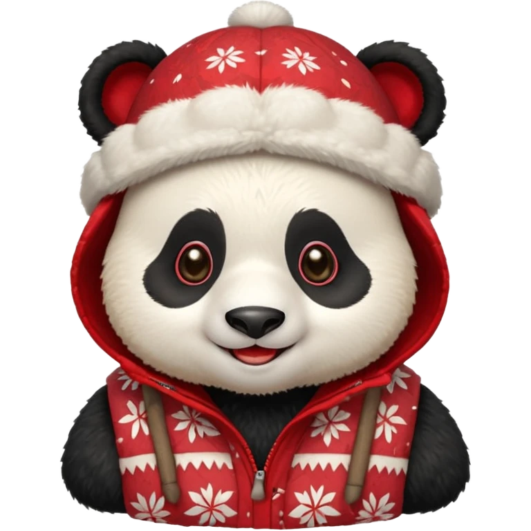 Photorealistic close-up of a cute, smiling panda wearing a red patterned winter trapper hat. Happy expression, cheerful vibe. Simple studio background. Detailed textures, sharp focus emoji