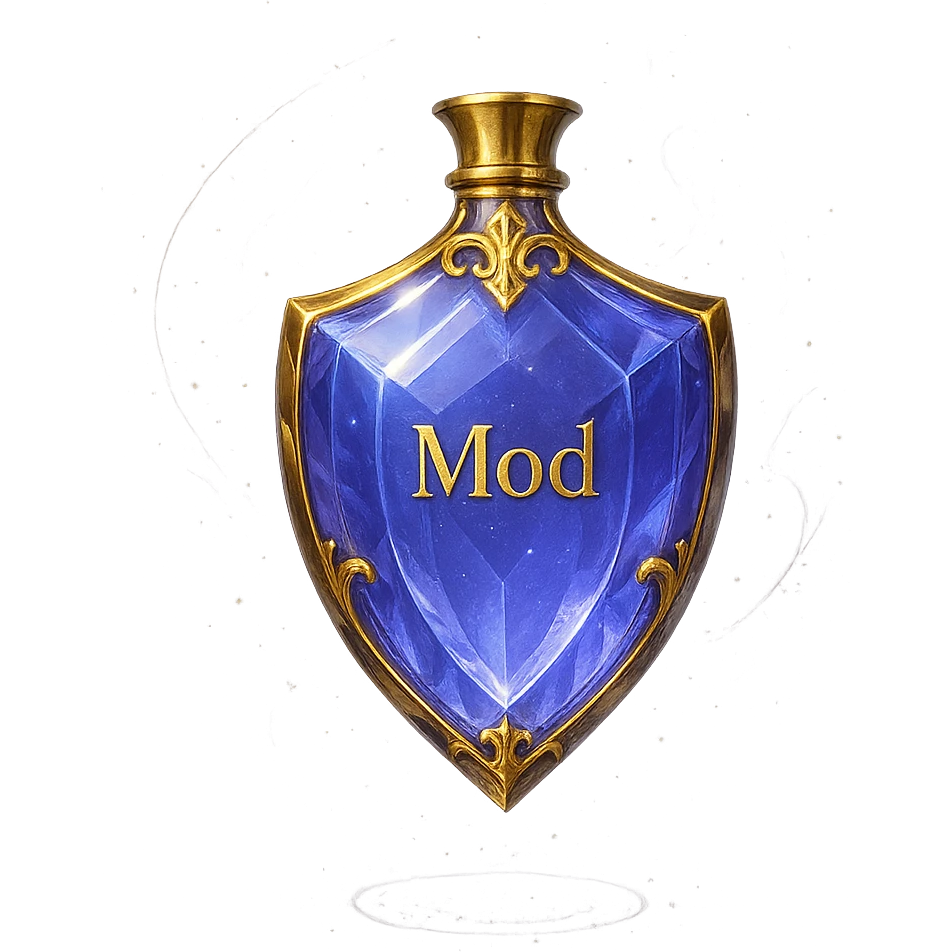 premium class crystal elixir bottle in shield shape, color #7986cb, with inscription 'Mod', lots of glow, edges, ornaments, golden details, magical effects, very small golden neck, transparent background, beautiful seamless base, bottle clearly floating in air, no base or shadow, very luxurious, modern, matching collection emoji