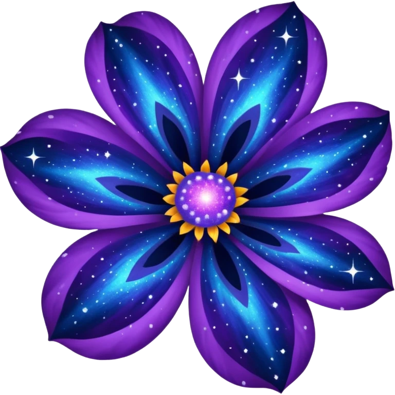 vibrant flower with petals resembling a galaxy nebula, deep blues and purples, scattered stardust emoji
