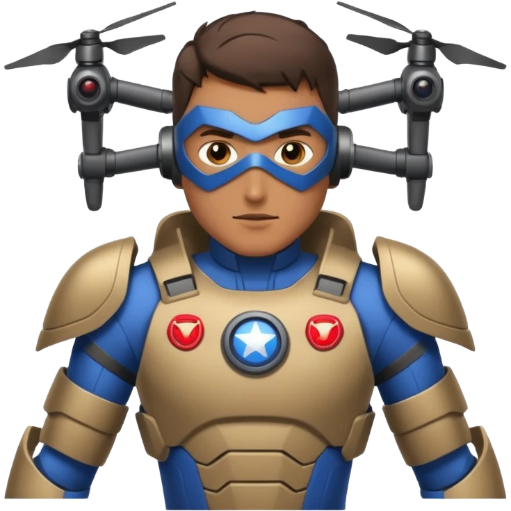 Un photographe homme high tech, une armure de terrain à la super héro. Il a des appareils photos, des caméras embarquées et un drone  emoji