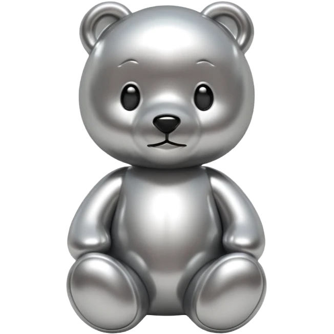 A cute teddy bear emoji made of liquid silver chrome, smooth rounded body, glossy metallic surface, soft reflections, friendly proportions, iOS emoji style, centered, clean white background emoji