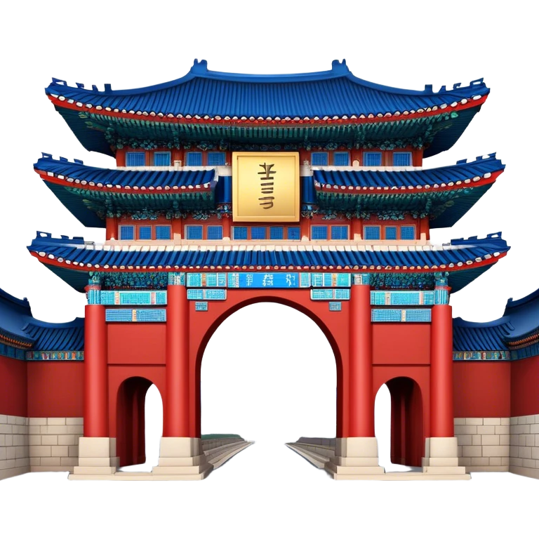 ​Cinematic Realistic Gwanghwamun Gate, depicted as a majestic historic gateway with traditional Korean architectural details, vibrant red and blue accents, and intricate carvings, set against a backdrop of modern Seoul under dynamic, natural lighting that highlights its timeless grandeur, emoji