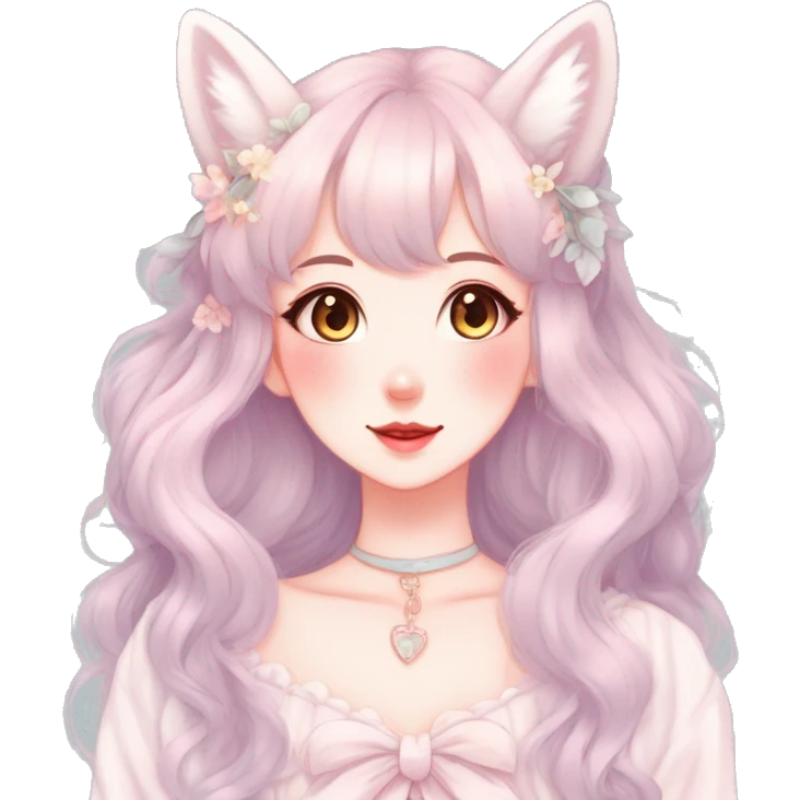 Gorgeous pastel anime style lady with blushing face and fox ears cottagecore fairycore pastelcore colorful pearly romantic simplistic aesthetic trending style emoji