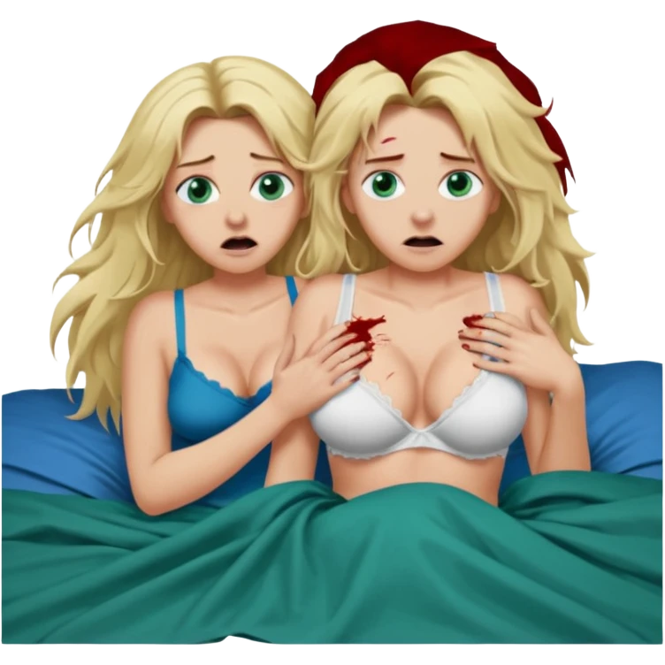 Blonde baddie with very long messi hair blue-green eyes  and lay in a big bed in underwear sie hat Todesangst und guckt schmerzhaft erschrocken Bettlacken ist blutig ihre Brüste  unecht groß .ein großer Mann  der ihre arme fesselt emoji