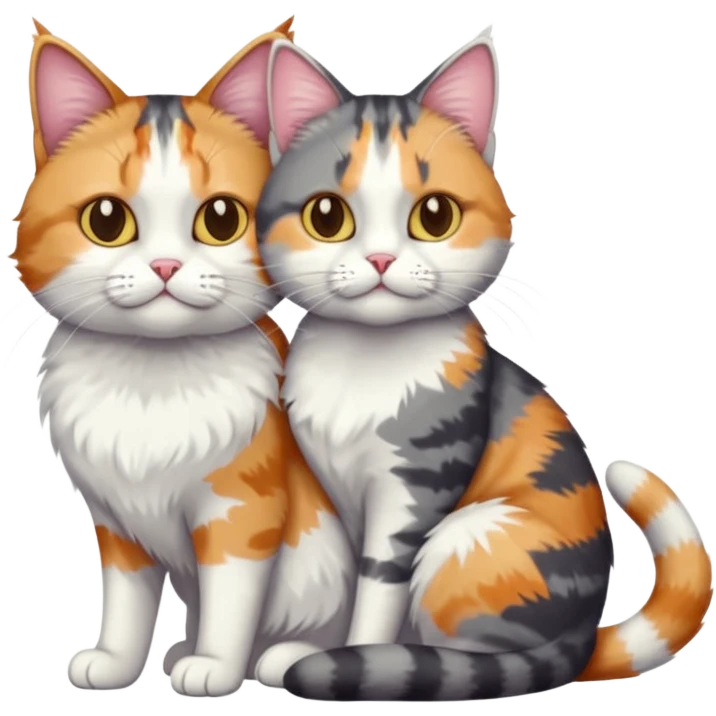 full body colourful light patched calico + white tabby cat cuddling a big grey and white tabby cat  emoji