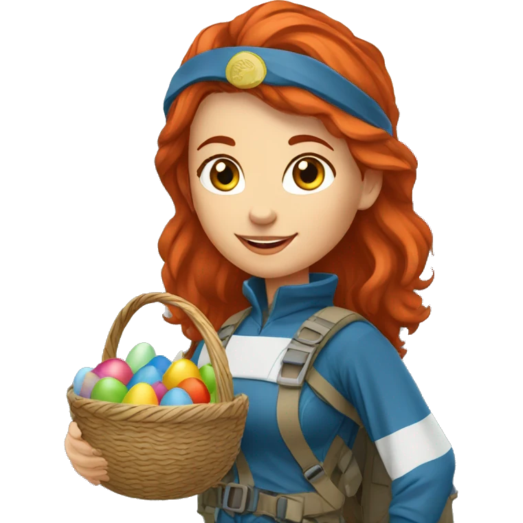Female red hair mountaineer on mount summit holding greek flag and easter eggs basket emoji