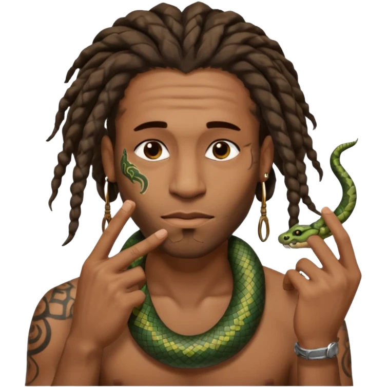 Black man with dreads and snake tattoo on forehead wiping his nose perpendicular with index finger emoji