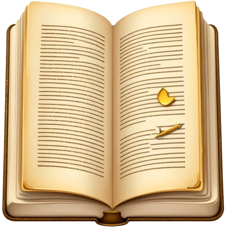 An open hardcover book with aged pages and a golden bookmark emoji