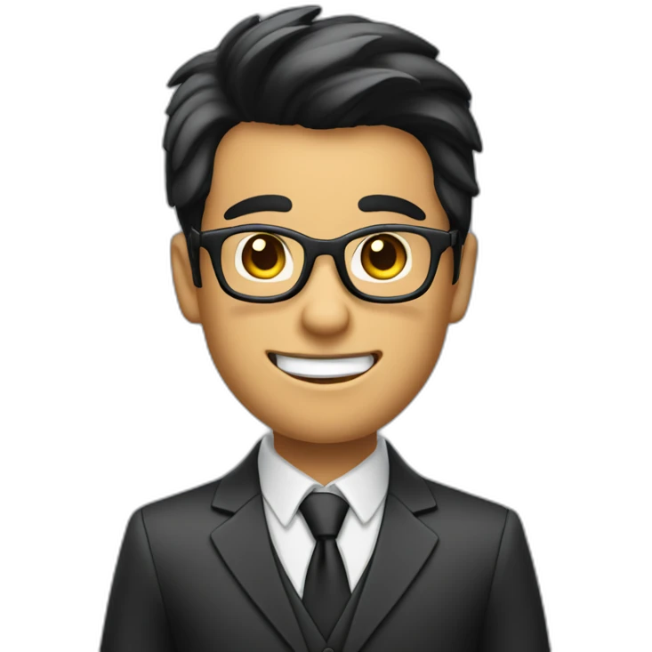 a boy with specs in business suit black hairs with lite beard and looking excited and point his hands emoji