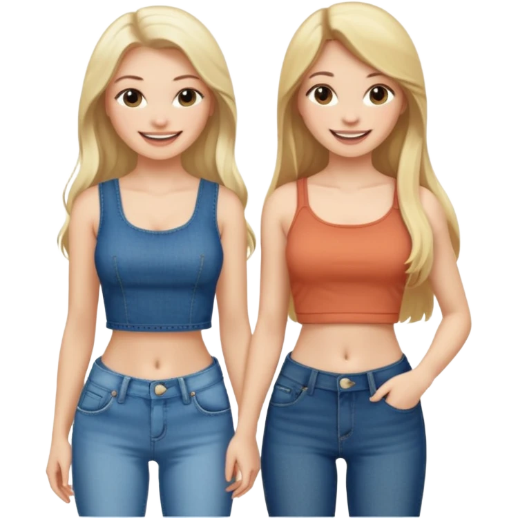 a long hair brunette pale girl and a blonde girl in jeans and crop tops smiling friends emoji