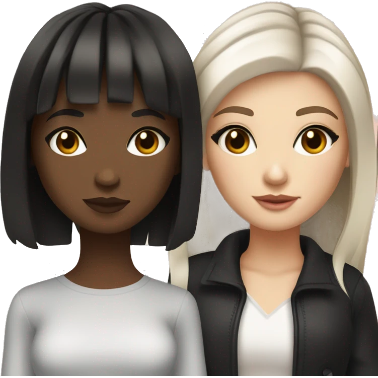 Two white girlfriends. One with brown hair in square, the other with black hair, bangs and a square. In fashionable clothes and beautiful modern makeup emoji