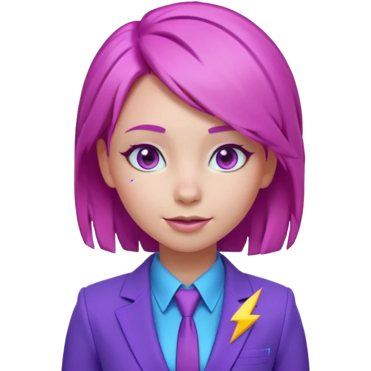 Cute 3D emoji-style girl sexy character with pink hair and purple eyes. No hands, no pose. Clean purple suit with a glowing neon-blue ‘C’ logo on the chest, small lightning accent. Smooth Apple-style lighting, friendly expression emoji